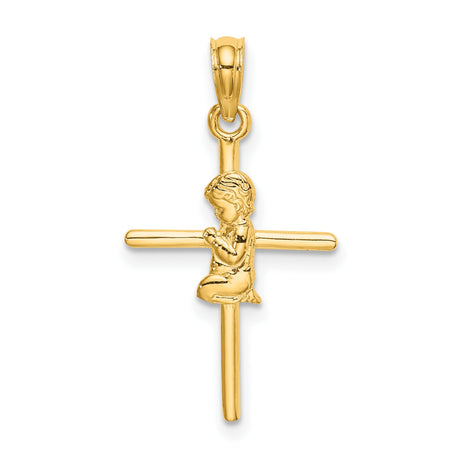 Praying Boy Cross Charm Pendant in Real 14k Yellow Gold