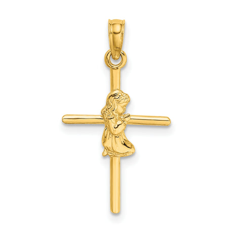 Praying Girl Cross Charm Pendant in Real 14k Yellow Gold