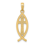 14k Yellow Gold Ichthys Fish Pendant with Ornate Cross, Christian Faith Charm