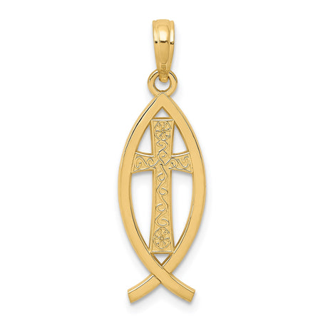 14k Yellow Gold Ichthys Fish Pendant with Ornate Cross, Christian Faith Charm