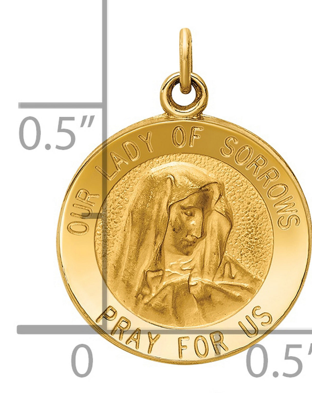 Our Lady of Sorrows Pray For Us Words Round Medal Charm Pendant in Real 14k Yellow Gold