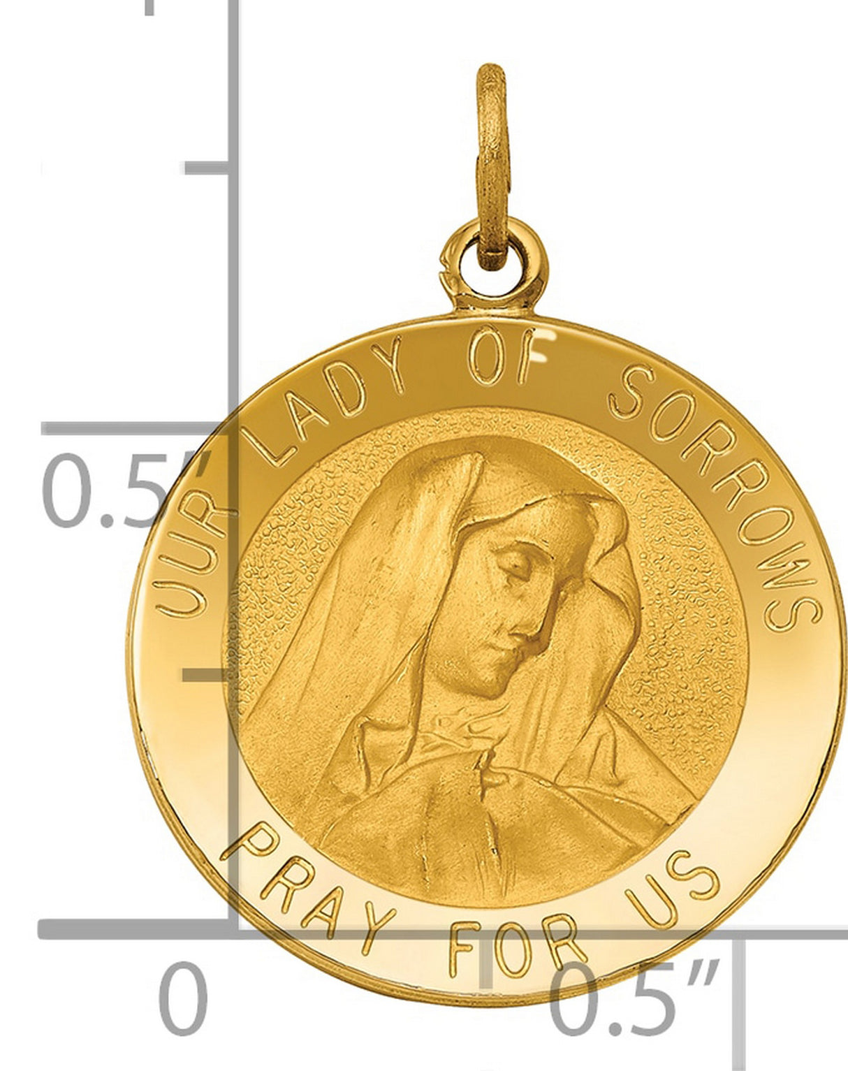 Our Lady of Sorrows Pray For Us Words Round Medal Charm Pendant in Real 14k Yellow Gold