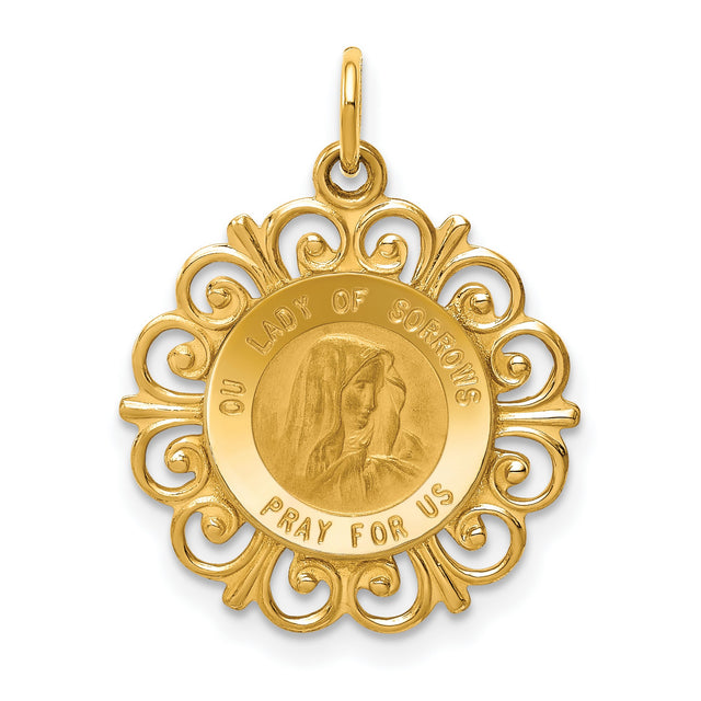 Our Lady of Sorrows Pray For Us Words Round Medal Charm Pendant in Real 14k Yellow Gold