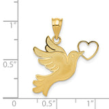 14k Yellow Gold Dove Pendant with Heart, Christian Peace and Love Charm for Women