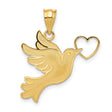 14k Yellow Gold Dove Pendant with Heart, Christian Peace and Love Charm for Women