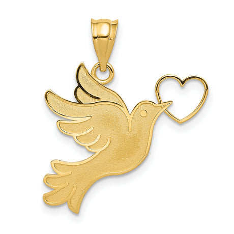 14k Yellow Gold Dove Pendant with Heart, Christian Peace and Love Charm for Women