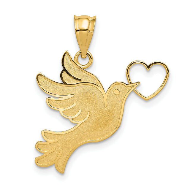 14k Yellow Gold Dove Pendant with Heart, Christian Peace and Love Charm for Women