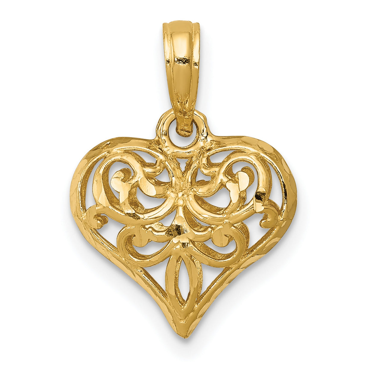 14k Yellow Gold Heart Pendant with Intricate Filigree Openwork Design
