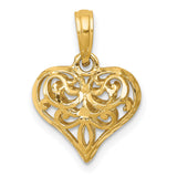 14k Yellow Gold Heart Pendant with Intricate Filigree Openwork Design