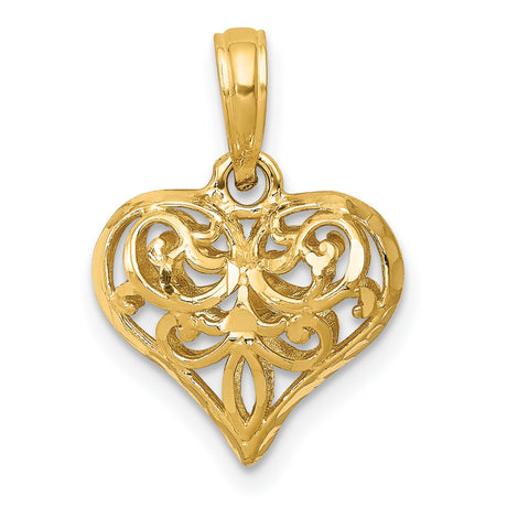14k Yellow Gold Heart Pendant with Intricate Filigree Openwork Design