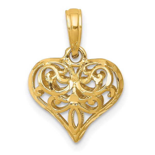 14k Yellow Gold Heart Pendant with Intricate Filigree Openwork Design
