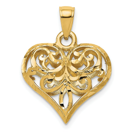 14k Yellow Gold Heart Pendant with Ornate Filigree Scroll Design, Vintage Inspired Openwork Jewelry