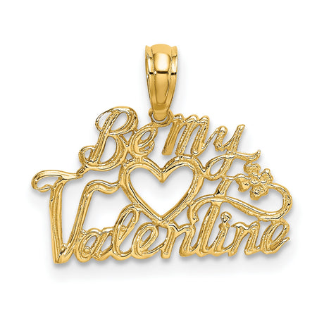 14k Yellow Gold Pendant with Heart and Floral Design, Scripted Be My Valentine Message