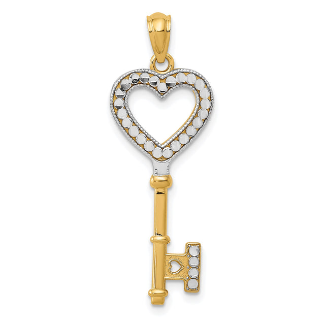 14k Multi-Tone Gold Heart Key Pendant with Rhodium Accents, Vintage-Inspired Design for Women