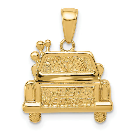 14k Yellow Gold Just Married Pendant with Bride and Groom in Car, Wedding Charm
