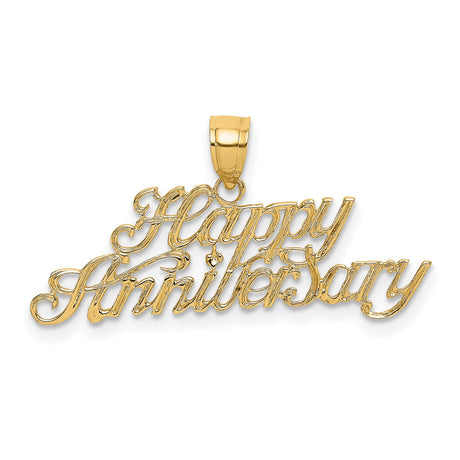 14k Yellow Gold Happy Anniversary Pendant, Romantic Script Jewelry Charm for Women