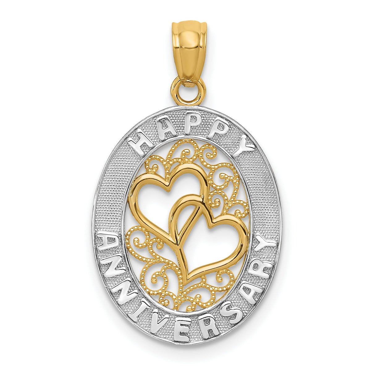 14k Multi-Tone Gold Pendant with Intertwined Hearts and Happy Anniversary Engraving