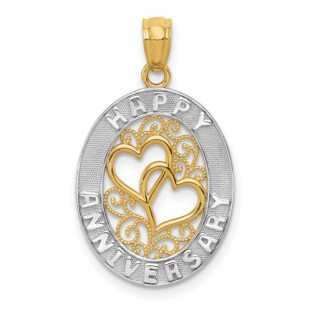 14k Multi-Tone Gold Pendant with Intertwined Hearts and Happy Anniversary Engraving