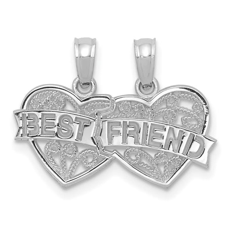 BEST FRIEND Breakable Double Hearts Charm Pendant in Real 14k White Gold