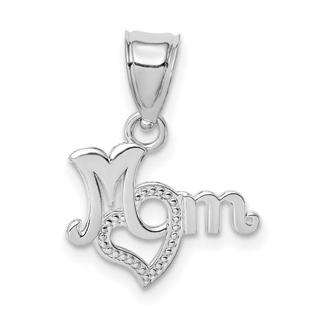 14k White Gold Mom Pendant with Heart Design, Symbolic Love Charm for Women