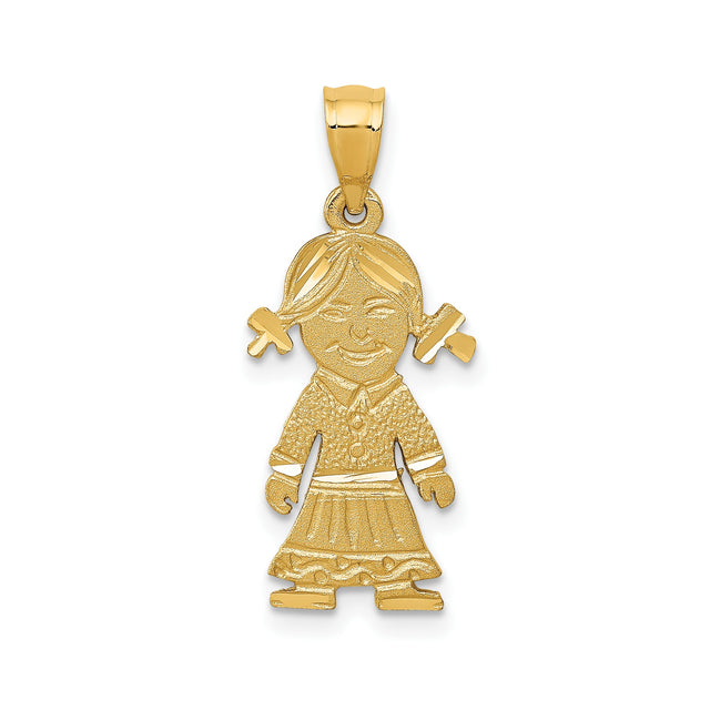 14k Yellow Gold Girl Pendant with Pigtails, Skirt and Sweater , Family Keepsake Charm