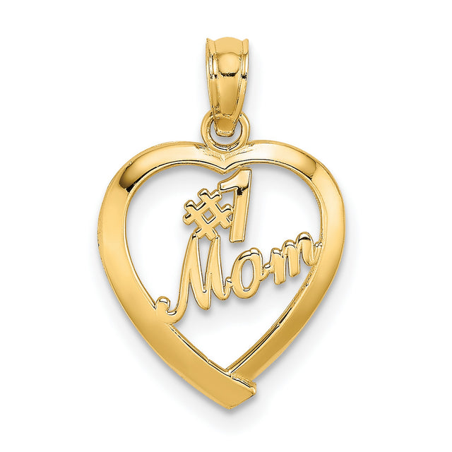 #1 MOM in Heart Charm Pendant in Real 14k Yellow Gold