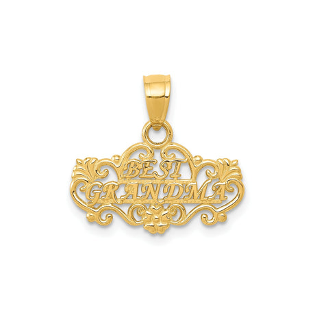 Best Grandma Words On Scrolled Flower Charm Pendant in Real 14k Yellow Gold