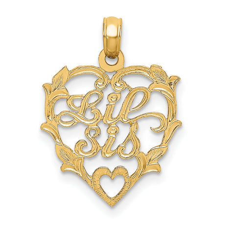 14k Yellow Gold Heart Pendant with Lil Sis Openwork Floral Design