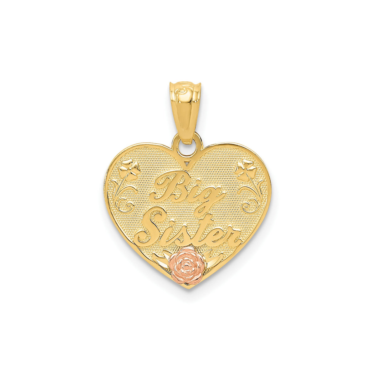 14k Two-Tone Gold Big Sister Pendant with Heart and Rose Design Charm