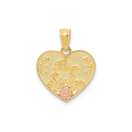 14k Two-Tone Gold Big Sister Pendant with Heart and Rose Design Charm