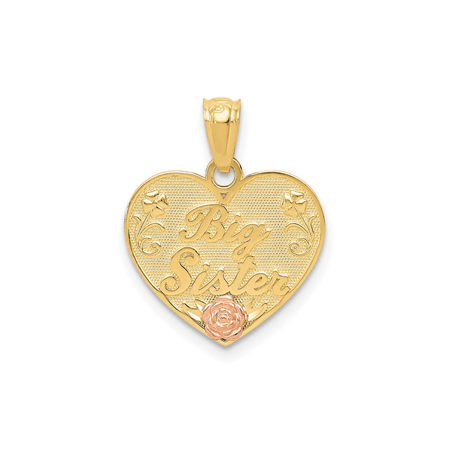 14k Two-Tone Gold Big Sister Pendant with Heart and Rose Design Charm