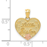 Little Sister Words Heart Charm Pendant in Real 14k Multi-Tone Gold