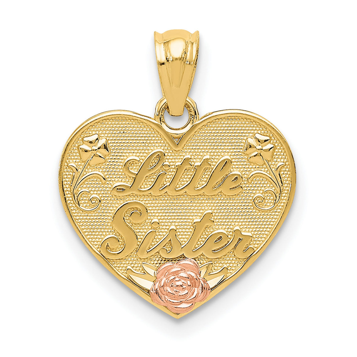 Little Sister Words Heart Charm Pendant in Real 14k Multi-Tone Gold