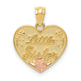 Little Sister Words Heart Charm Pendant in Real 14k Multi-Tone Gold