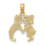 14k Yellow Gold Kissing Boy and Girl Pendant with Filigree Accents, Romantic Charm