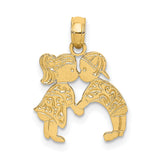 14k Yellow Gold Kissing Boy and Girl Pendant with Filigree Accents, Romantic Charm