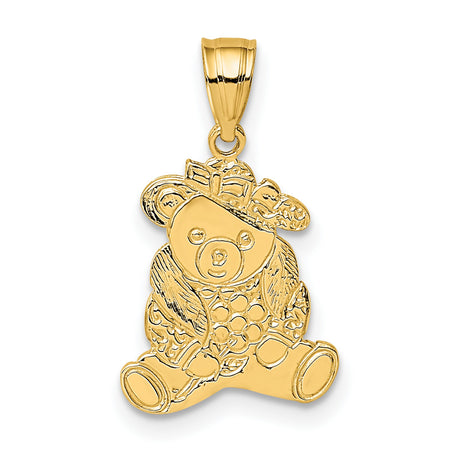 14k Yellow Gold Teddy Bear Pendant with Bow and Floral Accent, Cute Animal Charm for Women