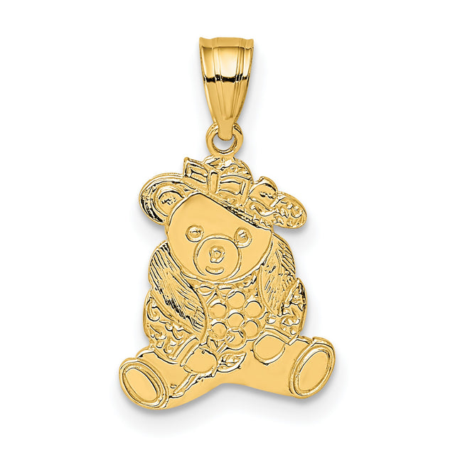 14k Yellow Gold Teddy Bear Pendant with Bow and Floral Accent, Cute Animal Charm for Women