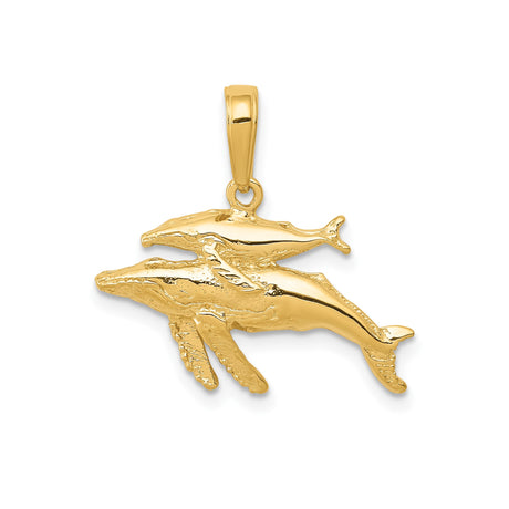 14k Yellow Gold Whale Pendant with Mother and Calf Design, Nautical Marine Jewelry