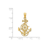14k Yellow Gold Anchor Ship Wheel Pendant with Nautical Rope Design
