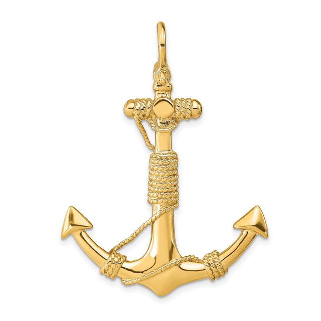 14k Yellow Gold Anchor Pendant with Detailed Rope Accents, Nautical Design for Men or Women