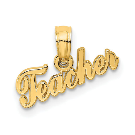 14k Yellow Gold Teacher Script Pendant, Cursive Word Charm for Women or Unisex Wear