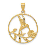 14k Yellow Gold Pendant with Hummingbird and Flower, Nature-Inspired Openwork Design for Women