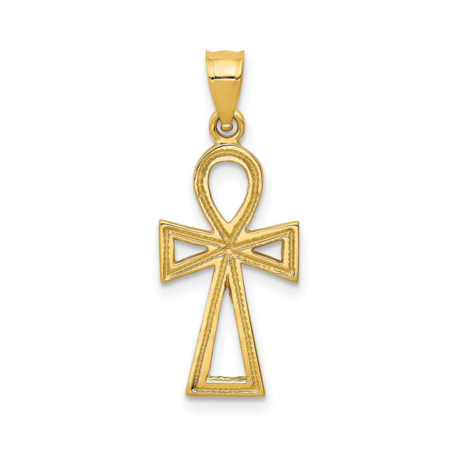 14k Yellow Gold Ankh Cross Pendant, Textured Egyptian Symbol Jewelry for Men and Women
