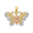 14k Two-Tone Gold Butterfly Pendant with Rose and Yellow Gold Hearts and Filigree Wings