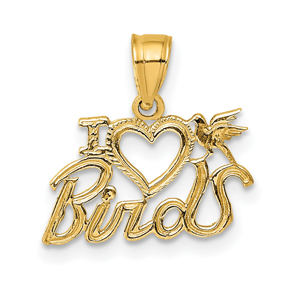 I HEART BIRDS Charm Pendant in Real 14k Yellow Gold