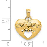 Best Friend Words And Paw Print On Heart Charm Pendant in Real 14k Yellow Gold