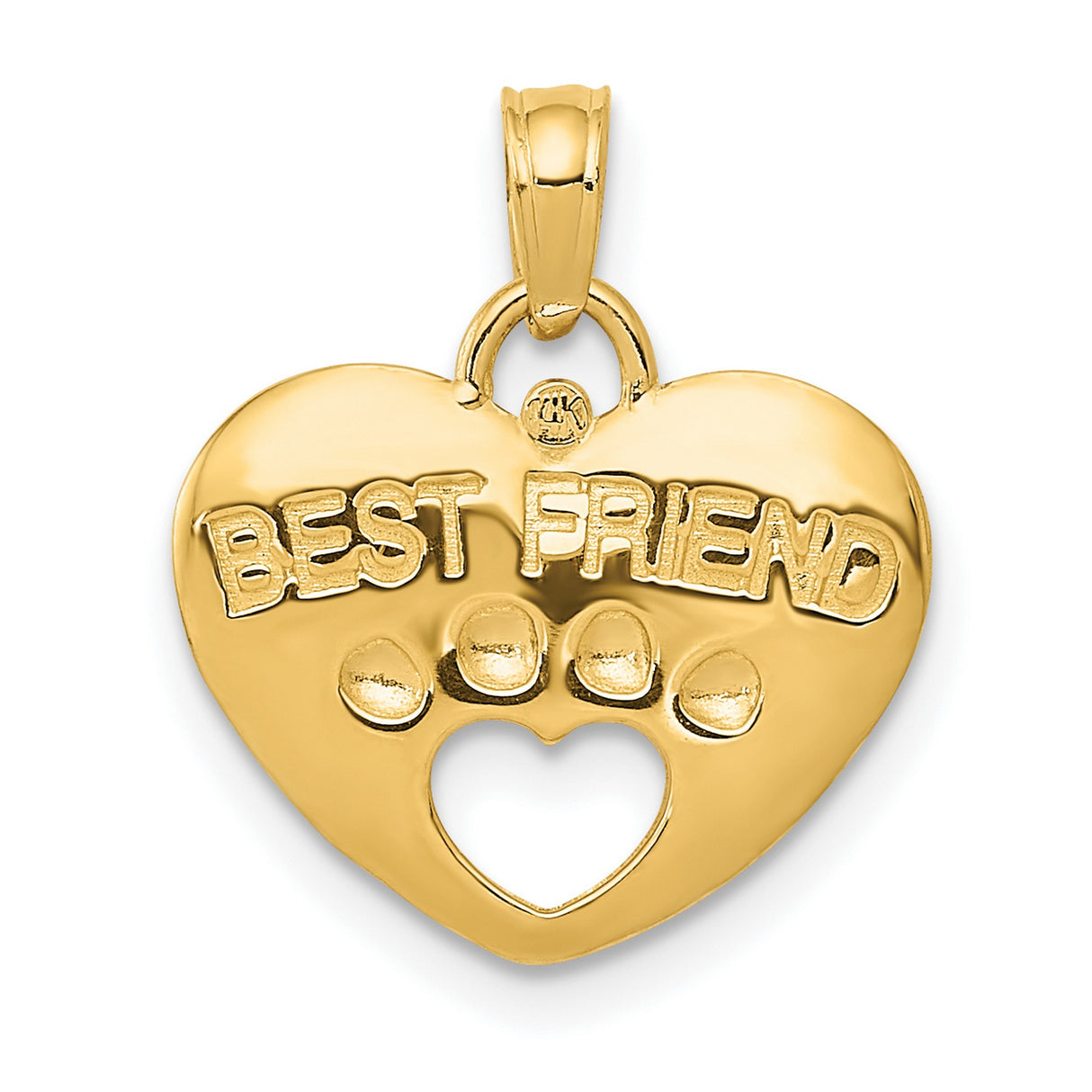 Best Friend Words And Paw Print On Heart Charm Pendant in Real 14k Yellow Gold