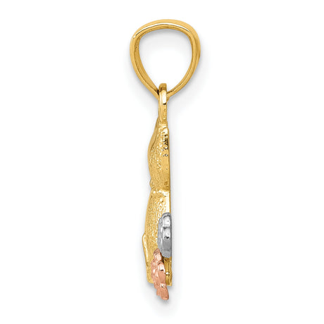 Sitting Cats With Flowers Charm Pendant in Real 14k Multi-Tone Gold