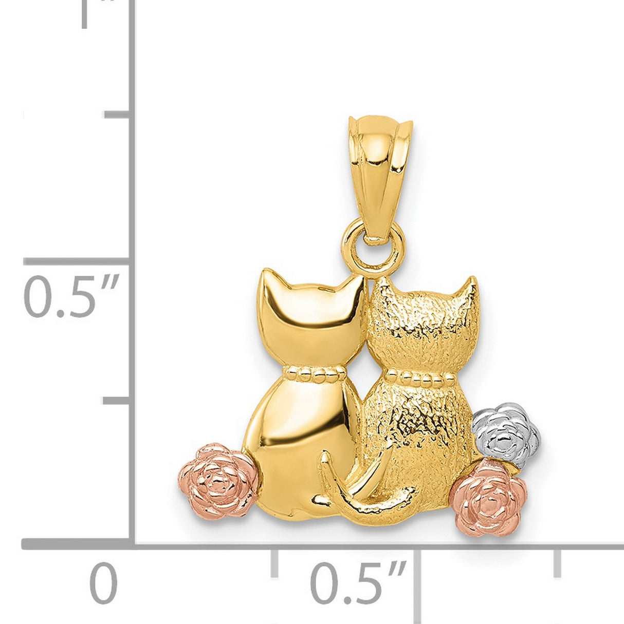 Sitting Cats With Flowers Charm Pendant in Real 14k Multi-Tone Gold